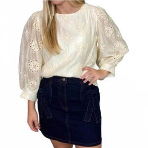 JODIFL Cream Embroidered Crewneck Blouse, Size Small